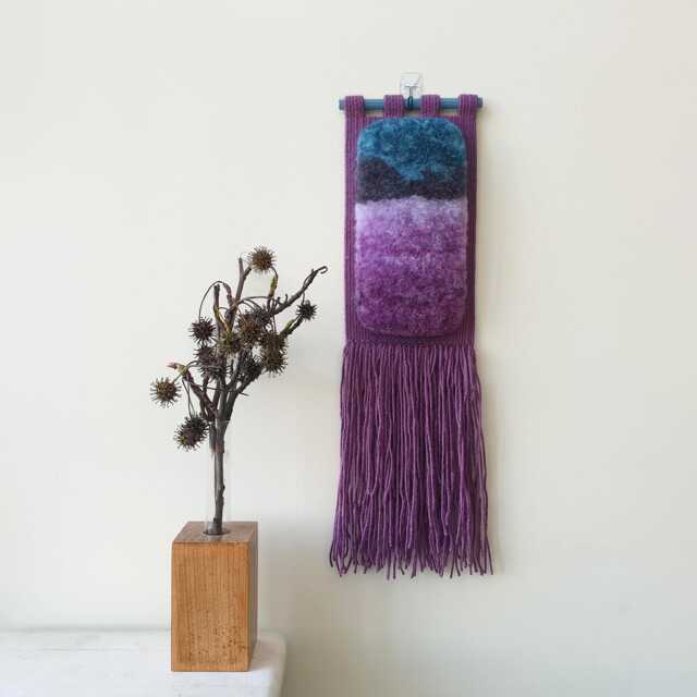 Small Hand Woven Wall Hanging. Tall, Fluffy, Vertical Abstract Landscape Art. Nature Inspired, Narrow Decoration For Small Rooms - image 1