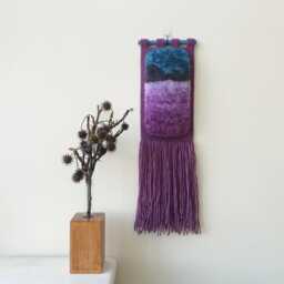 Small Hand Woven Wall Hanging. Tall, Fluffy, Vertical Abstract Landscape Art. Nature Inspired, Narrow Decoration For Small Rooms - thumbnail 1