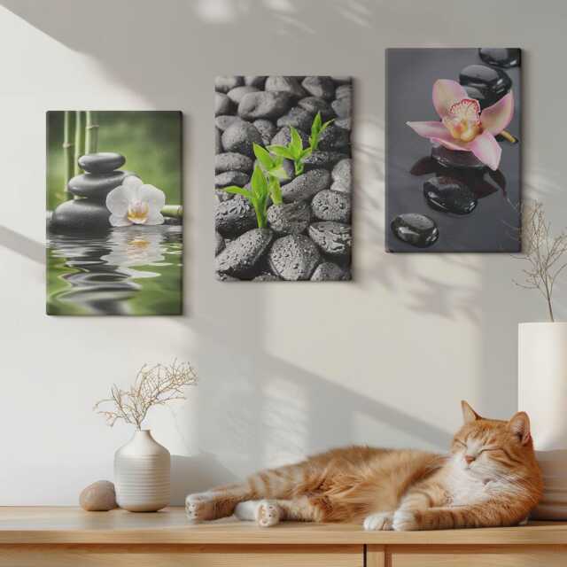 Canvas Art Set Of 3 - A Peaceful Zen Composition Stones & Flowers On Water, Green Large Wall Art, Plants Decor - image 1