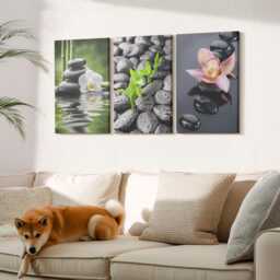 Canvas Art Set Of 3 - A Peaceful Zen Composition Stones & Flowers On Water, Green Large Wall Art, Plants Decor - thumbnail 2