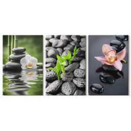 Canvas Art Set Of 3 - A Peaceful Zen Composition Stones & Flowers On Water, Green Large Wall Art, Plants Decor - thumbnail 3