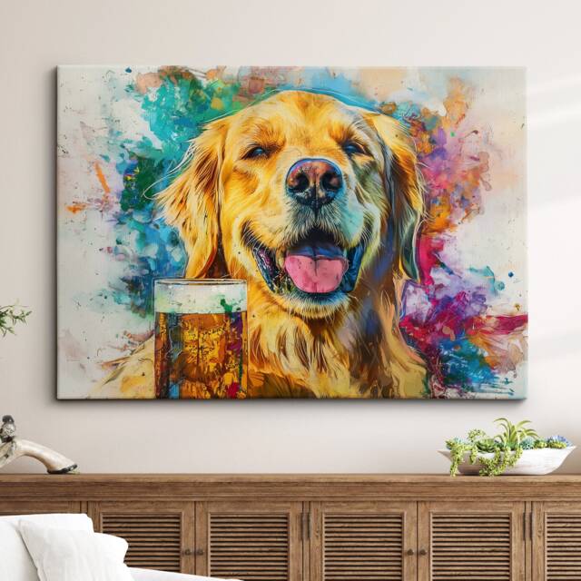 Golden Retriever Beer Glass Painting Framed Poster Print & Canvas Wall Decor Art Bar Kitchen Room Dog Gift Idea Pet - image 1