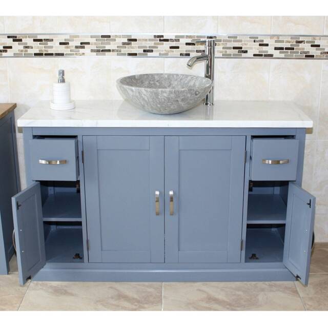 Grey Painted Bathroom Single Vanity Unit 123cm Wide With White Marble Top & Basin Set 402Gwmsbcx1 - image 1