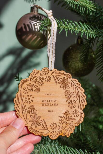 Personalized Wreath Folk Art Wood Ornament [Custom Message, Love, Christmas Gifts, Holiday Decor, Stocking Stuffers, Engagement Ornament] - image 1
