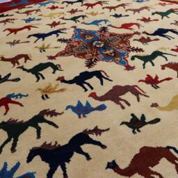 6x6 Ft Pictorial Round Rug Afghan Hand Knotted Veg Dyes Wool Square Rug, Animal Horse Bird Art Home Decor, Office, Living Room - thumbnail 3