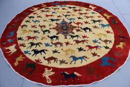 6x6 Ft Pictorial Round Rug Afghan Hand Knotted Veg Dyes Wool Square Rug, Animal Horse Bird Art Home Decor, Office, Living Room - thumbnail 1