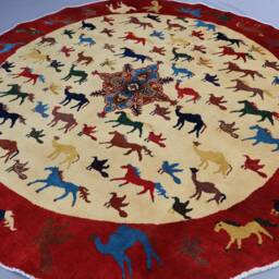 6x6 Ft Pictorial Round Rug Afghan Hand Knotted Veg Dyes Wool Square Rug, Animal Horse Bird Art Home Decor, Office, Living Room - thumbnail 2