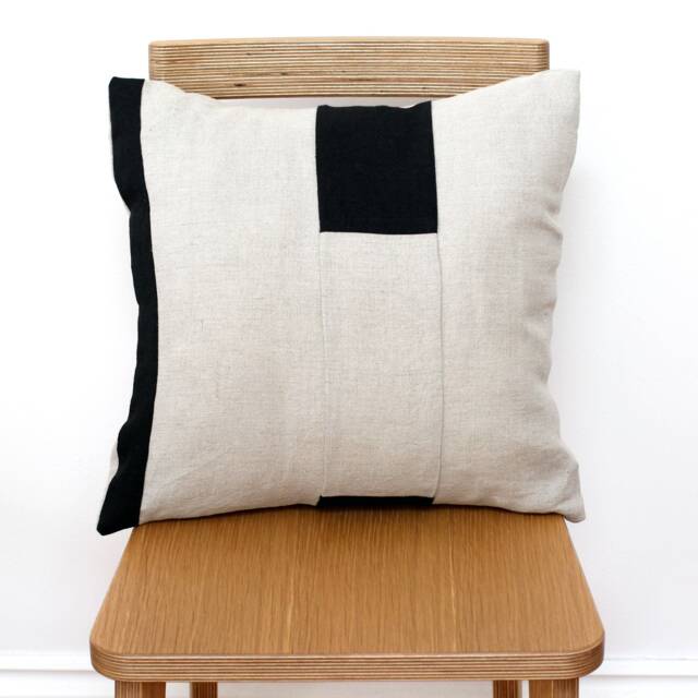 Natural & Black Linen Geometric Patchwork Cushion Cover, Contemporary Modern Retro Eco-Friendly Sustainable - image 1