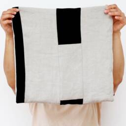 Natural & Black Linen Geometric Patchwork Cushion Cover, Contemporary Modern Retro Eco-Friendly Sustainable - thumbnail 3