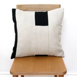 Natural & Black Linen Geometric Patchwork Cushion Cover, Contemporary Modern Retro Eco-Friendly Sustainable - thumbnail 1