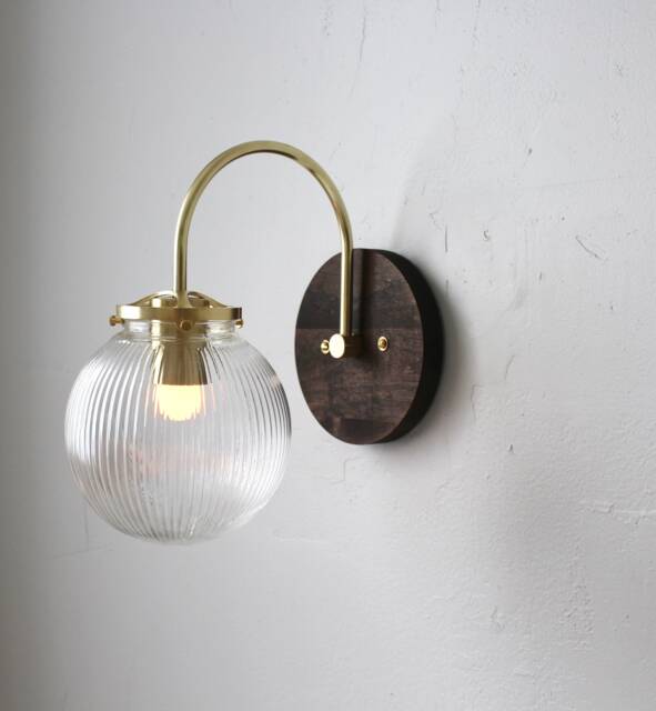 Wall Sconce Lamp, Curved Arm Bubble Globe Light, Brass & Wood Modern Lighting Fixture, Clear Ribbed Glass Shade, Wire-In Or Plug-In - image 1
