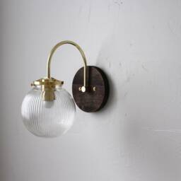 Wall Sconce Lamp, Curved Arm Bubble Globe Light, Brass & Wood Modern Lighting Fixture, Clear Ribbed Glass Shade, Wire-In Or Plug-In - thumbnail 3