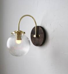 Wall Sconce Lamp, Curved Arm Bubble Globe Light, Brass & Wood Modern Lighting Fixture, Clear Ribbed Glass Shade, Wire-In Or Plug-In - thumbnail 1