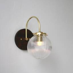 Wall Sconce Lamp, Curved Arm Bubble Globe Light, Brass & Wood Modern Lighting Fixture, Clear Ribbed Glass Shade, Wire-In Or Plug-In - thumbnail 2