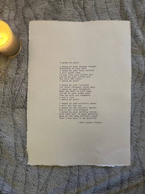 I Wanna Be Yours John Cooper Clarke Typewriter Poem Print, Poetry Quote, Wall Decor, Art, Poster