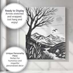 Black White Mountain Landscape Linocut Style Tree Nature Illustration Canvas Wall Art Print Decor Picture Ready To Hang - thumbnail 3