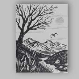 Black White Mountain Landscape Linocut Style Tree Nature Illustration Canvas Wall Art Print Decor Picture Ready To Hang