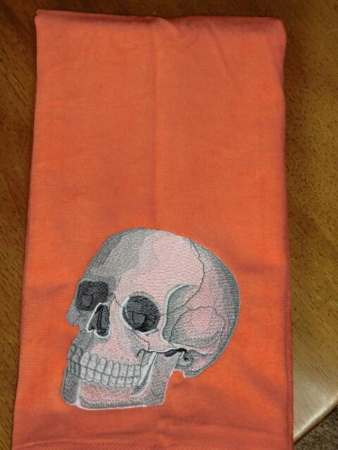 Embroidered Velour Hand Towel - Halloween Skull Orange