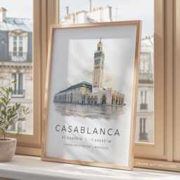 Morocco Casablanca Travel Print, Print Gift Ideas, Map Coordinates, Hassan Ii Mosque Wall Art - thumbnail 3