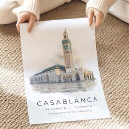 Morocco Casablanca Travel Print, Print Gift Ideas, Map Coordinates, Hassan Ii Mosque Wall Art - thumbnail 2
