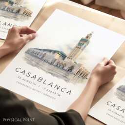 Morocco Casablanca Travel Print, Print Gift Ideas, Map Coordinates, Hassan Ii Mosque Wall Art - thumbnail 1