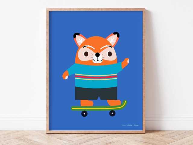 Animals Having Fun Skater Fox Nursery Print - Colourful Kids Wall Art - Digital Download - image 1