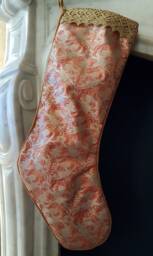 Luxury Christmas Stocking Fortuny Fabric Bittersweet & Silvery Gold Richelieu Pattern - Made in Italy