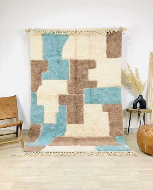 Teal Brown Block Rug - Large Area Handmade Berber Wool Carpet Mid Century Modern Decor Custom Color Shag - image 1