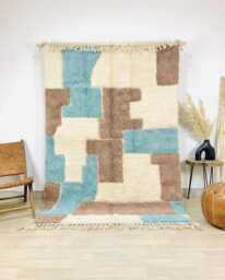 Teal Brown Block Rug - Large Area Handmade Berber Wool Carpet Mid Century Modern Decor Custom Color Shag - thumbnail 1