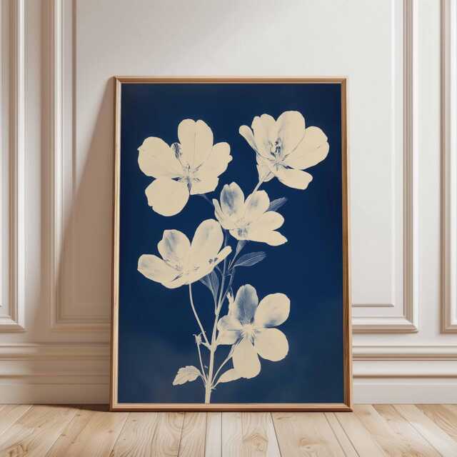 Blue Botanical Poster, Cyanotype Flower Wall Art, Minimal Nature Print - image 1