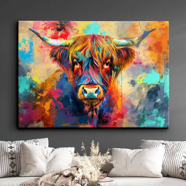 Highland Cow Rainbow Animal Pet Art Abstract Oil Painting Framed Poster Print & Canvas Wall Decor Bedroom Home Interior Gift - image 1