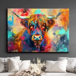 Highland Cow Rainbow Animal Pet Art Abstract Oil Painting Framed Poster Print & Canvas Wall Decor Bedroom Home Interior Gift - thumbnail 1