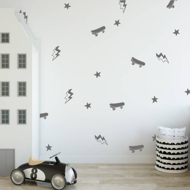 Stickers Drawn Sticky Skateboards Stars Lightning Bolts Boy's Room Youth Wall Stickers For Kids Decor - image 1