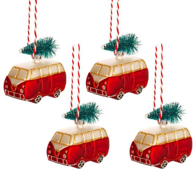 Red White Gold Camper Vans With Christmas Tree On Roof Mini Hanging Baubles - Set Of 4 - Winter Festive Season Fun Travel Surfer Beach