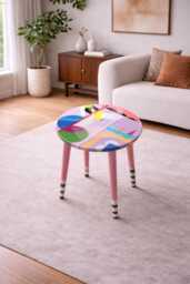 Handmade Statement Resin Side Table, Round Abstract Boho End Coffee Table - thumbnail 1