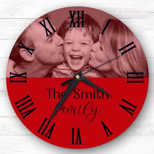 Red Semicircle Photo Family Name Personalised Gift Clock - image 1