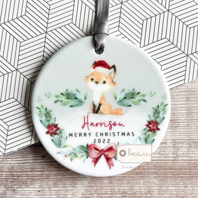 Personalised Merry Christmas Woodland Fox Santa Hat Signpost Acrylic Or Ceramic Round Ornament Keepsake Tree Decoration Child Boy Girl Gift