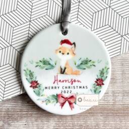 Personalised Merry Christmas Woodland Fox Santa Hat Signpost Acrylic Or Ceramic Round Ornament Keepsake Tree Decoration Child Boy Girl Gift