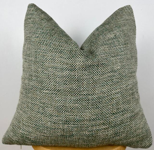 Green & Beige Basketweave Woven Pillow Cover, Fall Decor, Natural Linen Textured - image 1
