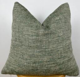 Green & Beige Basketweave Woven Pillow Cover, Fall Decor, Natural Linen Textured - thumbnail 1