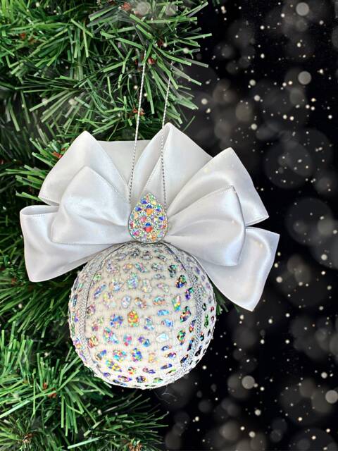 White Iridescent Christmas Bauble, Tree Decoration, White Holiday Decor, Bow Ornament, Decor