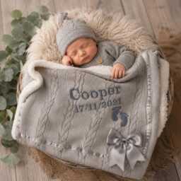 Personalised Baby Blanket Knit With Bow New Gift Boy Girl Embroidered - thumbnail 1