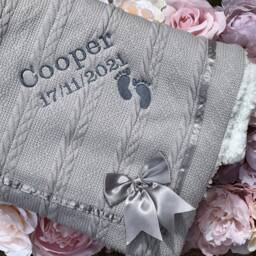 Personalised Baby Blanket Knit With Bow New Gift Boy Girl Embroidered - thumbnail 2