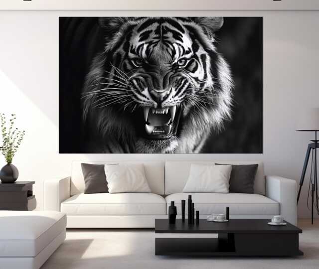 Black & White Tiger Canvas Print, Wall Art, Roaring Poster, Animals Photo, Large Portrait - image 1