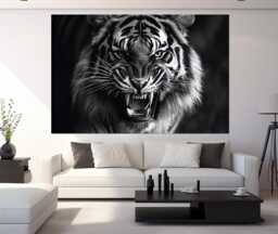 Black & White Tiger Canvas Print, Wall Art, Roaring Poster, Animals Photo, Large Portrait - thumbnail 1