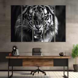 Black & White Tiger Canvas Print, Wall Art, Roaring Poster, Animals Photo, Large Portrait - thumbnail 3