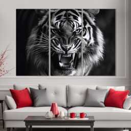 Black & White Tiger Canvas Print, Wall Art, Roaring Poster, Animals Photo, Large Portrait - thumbnail 2