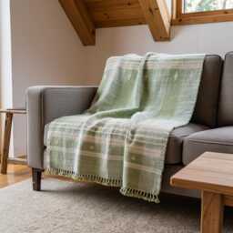 Soft Green Indian Wool Throw Blanket, Handwoven Sofa Coverlet With Quiet Calm Bedroom Layer - Sage - thumbnail 1