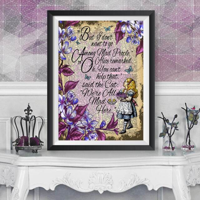 Alice in Wonderland Wall Art, & The Cheshire Cat, Dictionary Book Artwork Poster, Lewis Carroll Quote, Original Illustration