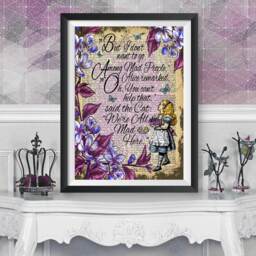 Alice in Wonderland Wall Art, & The Cheshire Cat, Dictionary Book Artwork Poster, Lewis Carroll Quote, Original Illustration